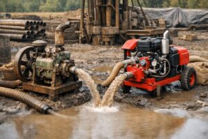 dewatering pumps and pipework operating along the perimeter of an open pit mine