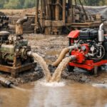 dewatering pumps and pipework operating along the perimeter of an open pit mine