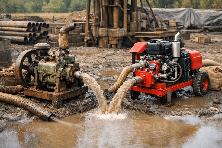 dewatering pumps and pipework operating along the perimeter of an open pit mine